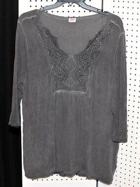 Plus Size "XX" (2X) Adrian Delafield Gray Mineral Wash Boho Lace Embellished Top